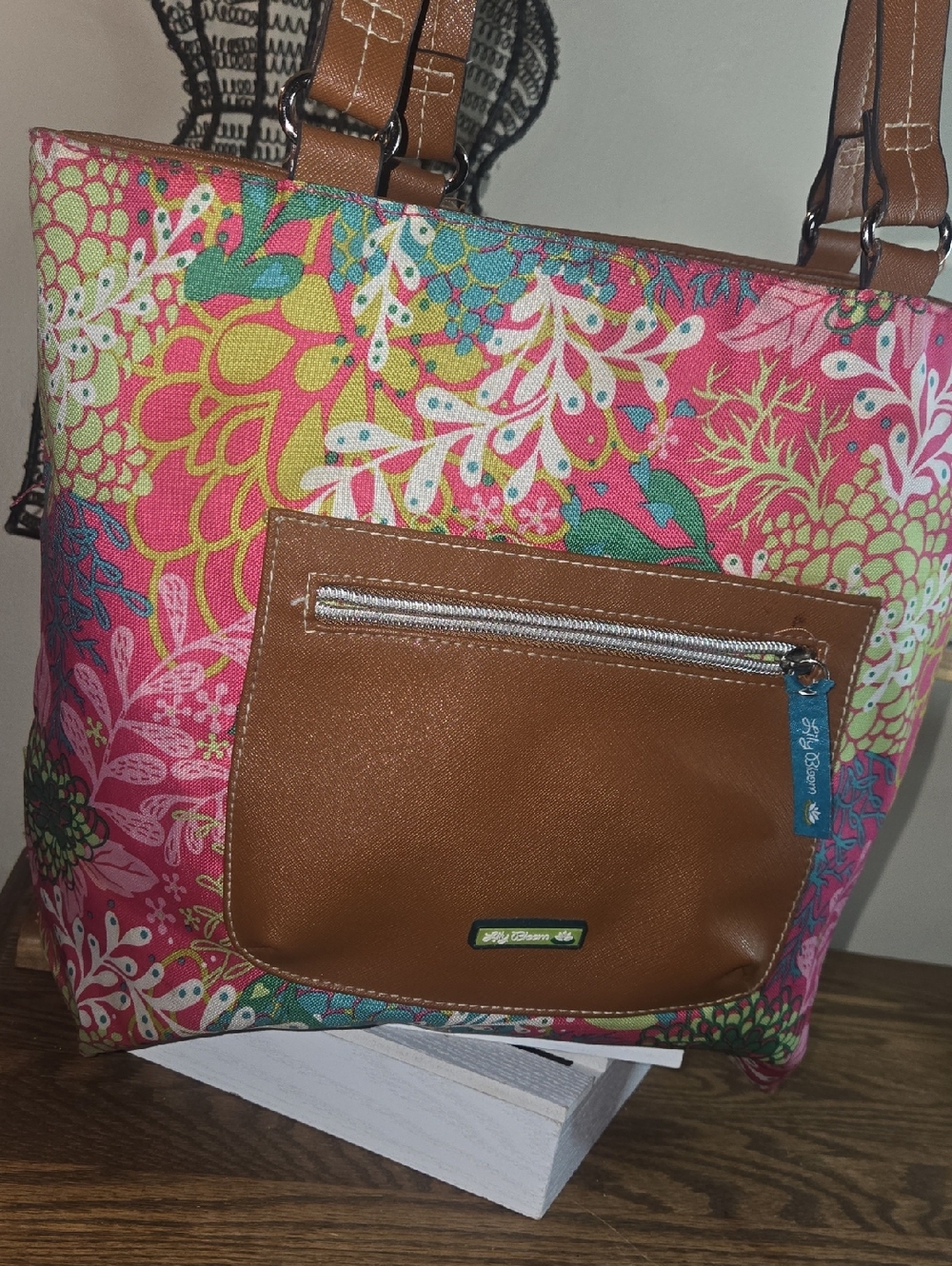 Lily Bloom Pink Floral Tote with Brown Trim